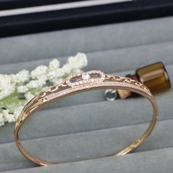 Elegant Chain Link Rose Gold Bangle with Pave Stone Center, XPBL0446 - Picture 11 of 11